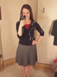 Anthropologie Fitting Room Reviews: Dulcie Dress, Kites and Constellations Cardigan, Interspersed Ponte Dress, Wicopy Skirt, and Slung Sash Tee