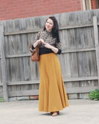 long mustard skirt, vintage jacket