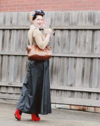 long black skirt and vintage silk head scarf