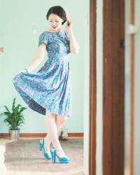 vintage watercolour dress, blue and purple