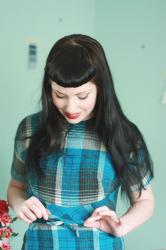 vintage plaid dress, blue and black