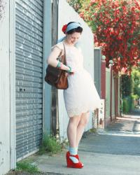 pale blue polka dots and red shoes (and more hot windy days)