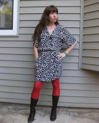 Friday night outfit- Vintage dress and red tights