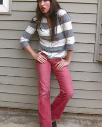 Todays' actual outfit: striped cardigan and red jeans