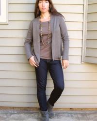 Todays outfit: Eileen Fisher sweater and faux-denim