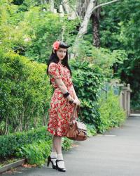 vintage red dress, flowers and a party