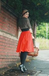 red skirt, stripey vintage jacket