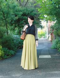 long olive green skirt and black and silver glitter