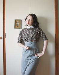 vintage grey dress and collars and buttons... and jackets and gloves!