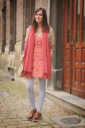 Salmon Pinafore, Babyblue Tights