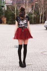 Lace skirt with Mickey Mouse t-shirt.