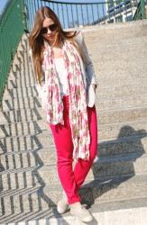 Raspberry jean & floral scarf