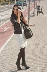 WHITE LACE DRESS and BIKER JACKET