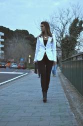 White blazer, golden accessories