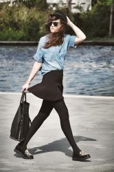 in denim with leopard