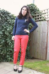 Red trousers, polkadots and mary janes