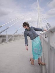 Breezy (but not sleazy) turquoise skirt and clogs