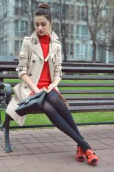 Look of the day: Trench coat and red dress