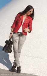 TIE-DYE JEANS + RED BIKER JACKET