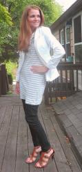 Work Outfit: Gray striped tunic and black skinny jeans
