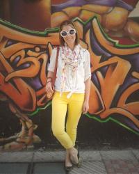 A colorful look with yellow pants