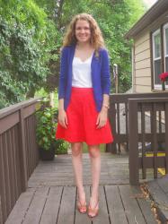 Blue Cardigan and Red Skirt at Work