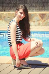 Coral, navy and dots