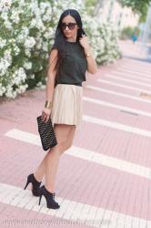 NUDE LEATHER SKIRT + GOLDEN STUDS