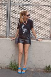 Leather shorts, Werelse tshirt and loads of jewels