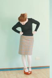 winter outfits, vintage skirts, rust platforms and elbow patches