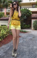 Yellow peplum with DIY Ombre Dip-Dye short