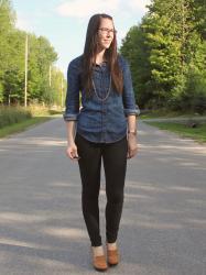 Denim tops & loafer heels.