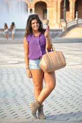 Purple shirt and camel boots