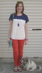 Orange Pants, Colour Block Tee, Bright Bracelets, Rebecca Minkoff Mini MAC