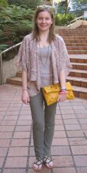 Paisley Print Jacket, Singlet, Moss Green Skinny Jeans, Balenciaga Mango Envelope Clutch