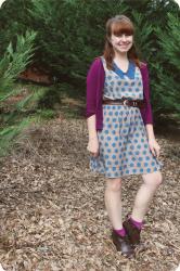 Modcloth Dress, Purple Cardigan, & New Boots