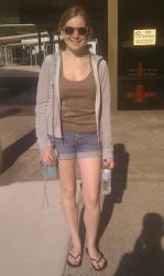 Brown Singlet, Denim Shorts, Juicy Couture Hoodie, Rebecca Minkoff Bag