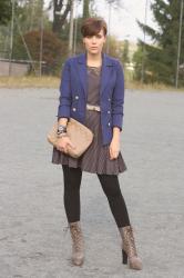 stripped dress and navy blazer