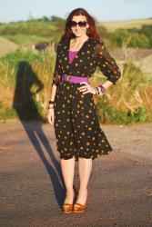 Vintage Black and Mustard Polka Dot Dress