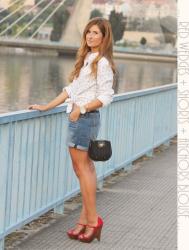 SHORTS + RED WEDGES