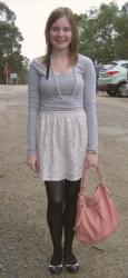 Black Blazer, Grey Long Sleeve Tee, Metallic Lace Skirt, Pink Shoes and Bag