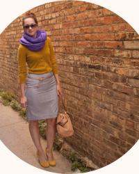 dotty, yellow, and a giant purple scarf