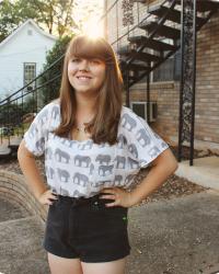 A Jeanie Outfit: Elephant Print Shirt & Black Shorts