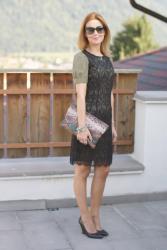 Army green and lace dress, wedge pumps