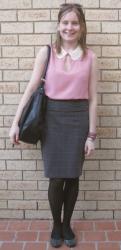 Pink Embellished Collar Top, Checked Pencil Skirt, Sarah Conners Bag, Studded Flats