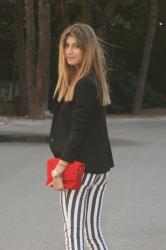 Striped Pants & Red Clutch