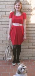 Asos Red Tulip Skirt Dress, Metallic Gold Flats, Rebecca Minkoff Nikki, Cooper