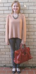 Peach Knit, Black Skinny Jeans, Statement Necklace, Balenciaga Rouille Work, Mouse Flats
