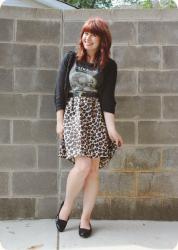 Vintage Concert Shirt, Leopard Print Skirt, & Patent Leather 60's Flats