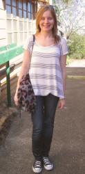 Striped Tee, Sass and Bide Jeans, Converse, Leopard Print Sunnies and Scarf, RM MAC Bag